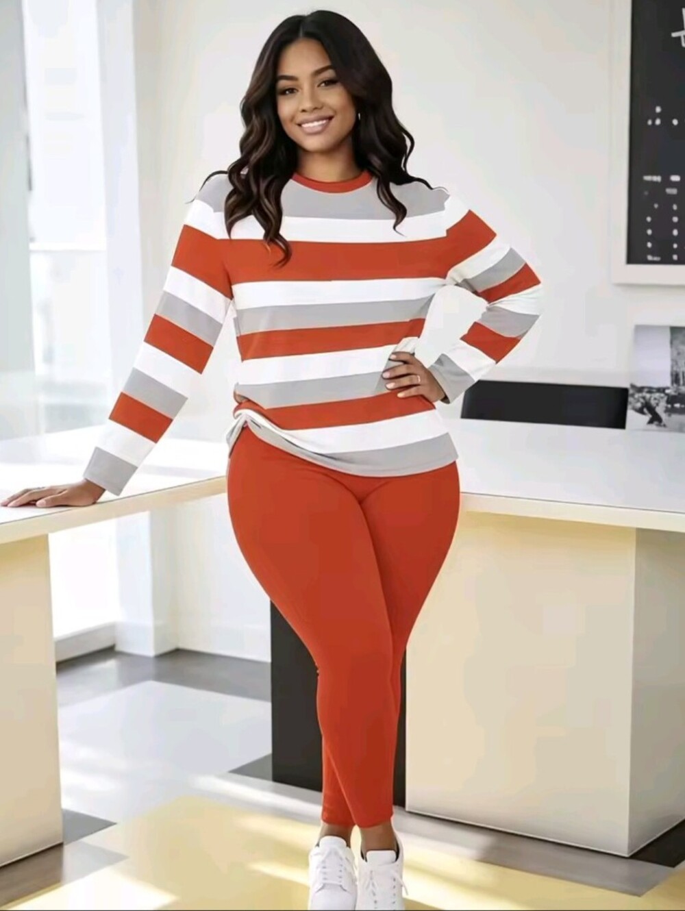 Women's European And American Plus Size Red White And Grey Set